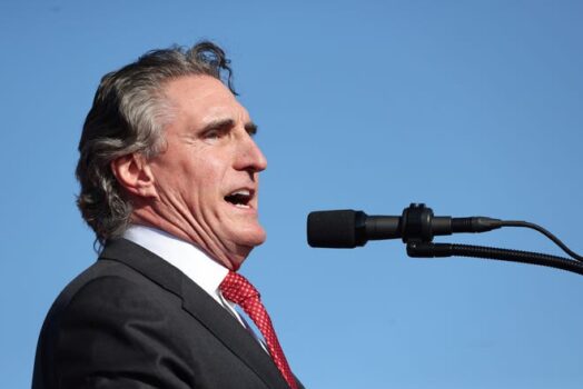 North Dakota Governor Doug Burgum speaks during a campaign rally for Republican presidential candidate former U.S. President Donald Trump in Wildwood Beach on May 11, 2024 in Wildwood, New Jersey.