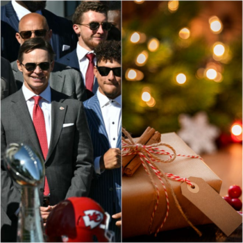 The left image shows Kansas City Chiefs' quarterback Patrick Mahomes and Kansas City Chiefs President Mark Donovan during a celebration for the Kansas City Chiefs, 2024 Super Bowl champions at the White House in Washington, DC, on May 31, 2024. The right image shows a brown Christmas gift box with a blank tag on rustic wooden table.