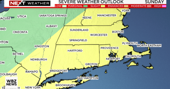 Risk of severe weather in Massachusetts on Sunday. Maps show timing and path of storm