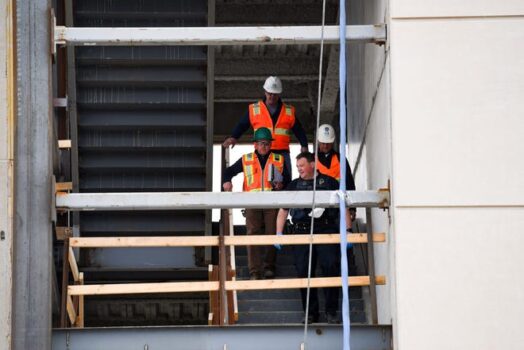 Police and the Occupational Safety and Health Administration investigate where a worker fell off the construction site of a new bank building on Tuesday, May 12, on Minnesota Ave. in Sioux Falls.

Constructionfall 002